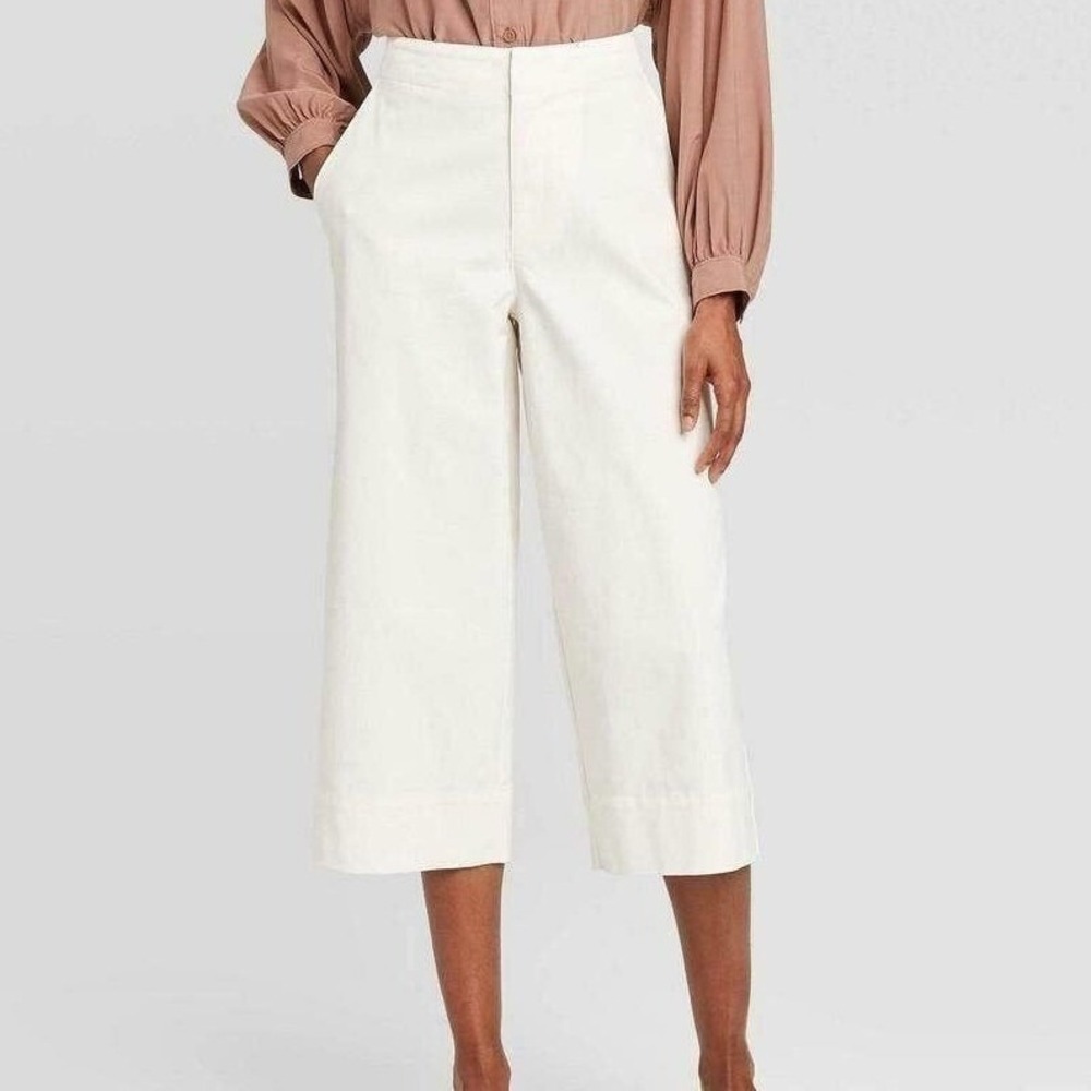 Prologue Cropped Wide Leg Pants Womens 2 Cream‎ High Waist Stretch Cotton NWT - Picture 9 of 9